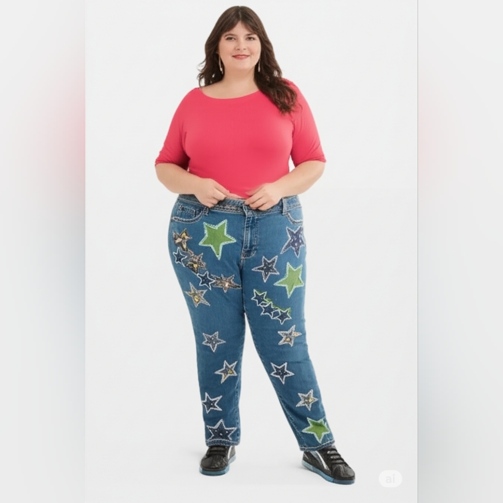 Upcycled Molly Made It Stars & embroided blue jeans - Picture 3 of 17